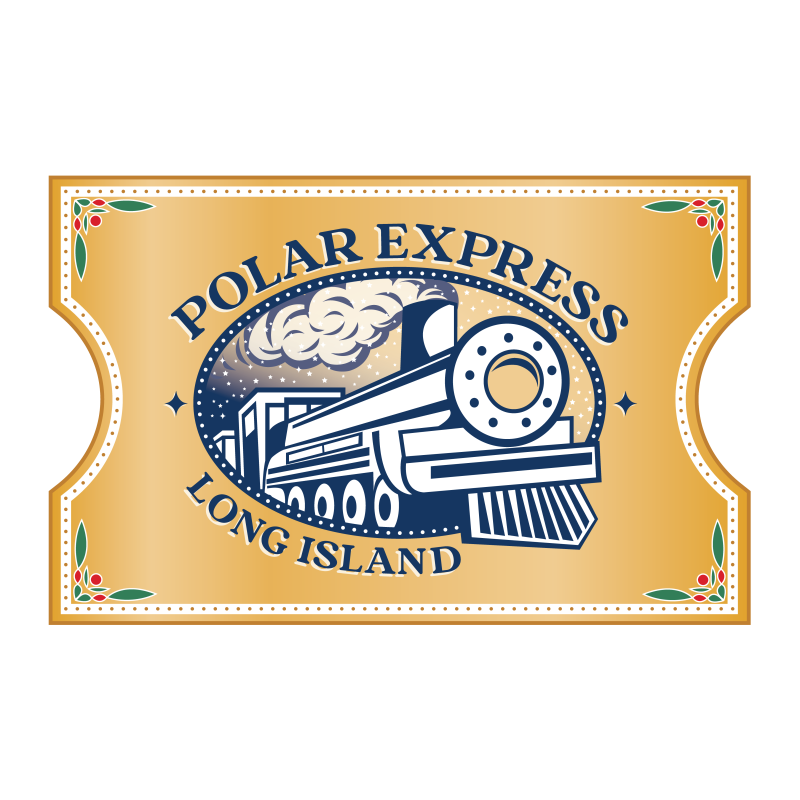 Polar Express Long Island Logo. Blue and white train on a festive, golden ticket. The words Polar Express Long Island appear on the ticket.